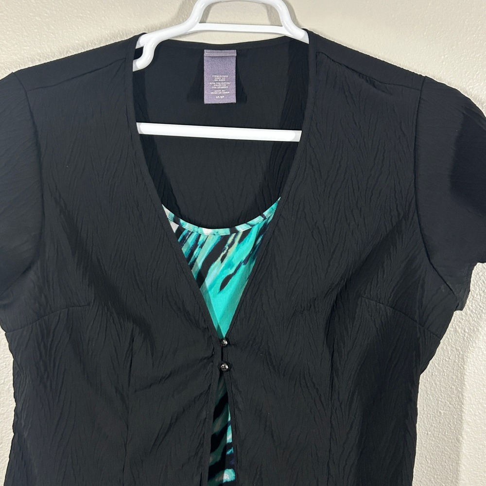 Laura Scott Petite Womens Black Teal Layered Look Textured Top Blouse LP